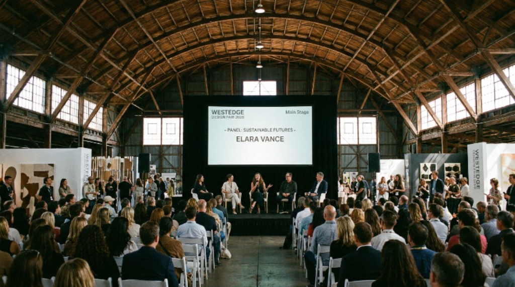 A designer presenting on the Main Stage during a panel discussion at WestEdge Design Fair 2026, with the audience seated in the historic Barker Hangar