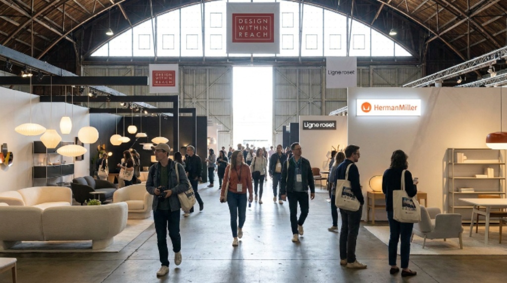 Visitors exploring curated furniture and lighting displays at the WestEdge Design Fair 2026 inside the Barker Hangar in Santa Monica, California