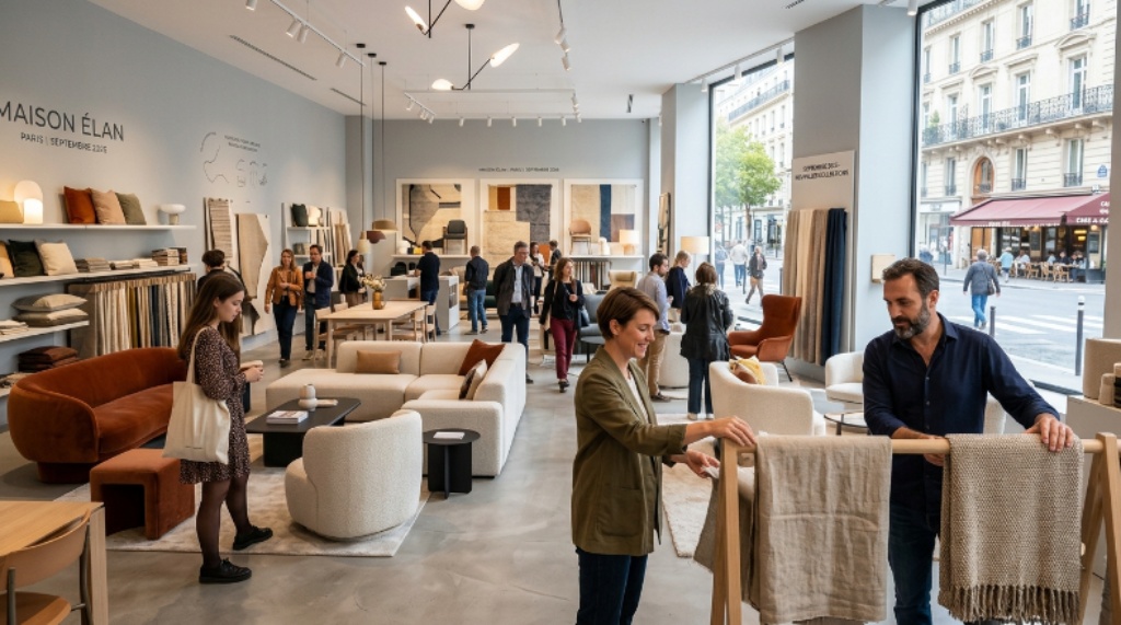Visitors exploring contemporary furniture and textile collections at a Paris showroom in September 2026