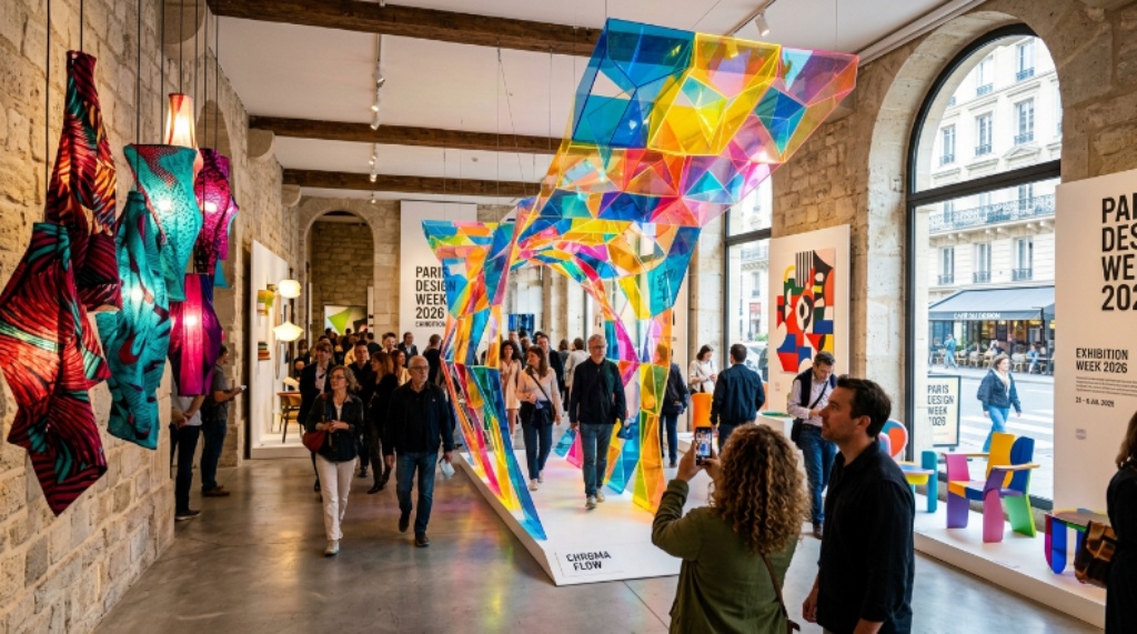 Colourful design installations displayed in a Paris gallery during Paris Design Week 2026