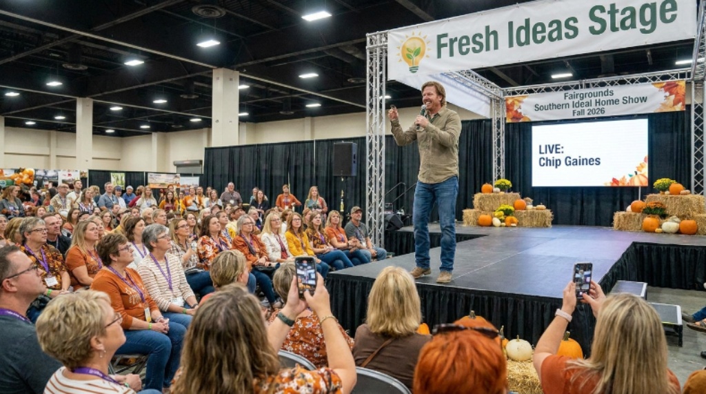 Celebrity speaker presenting live on the Fresh Ideas Stage at the Fairgrounds Southern Ideal Home Show Fall 2026