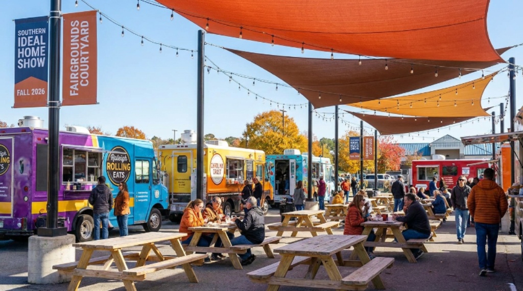 Local food trucks and outdoor seating at the Fairgrounds Southern Ideal Home Show Fall 2026 courtyard Raleigh NC