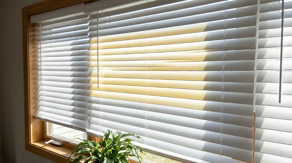 Yellowing white window slats in a Miami home