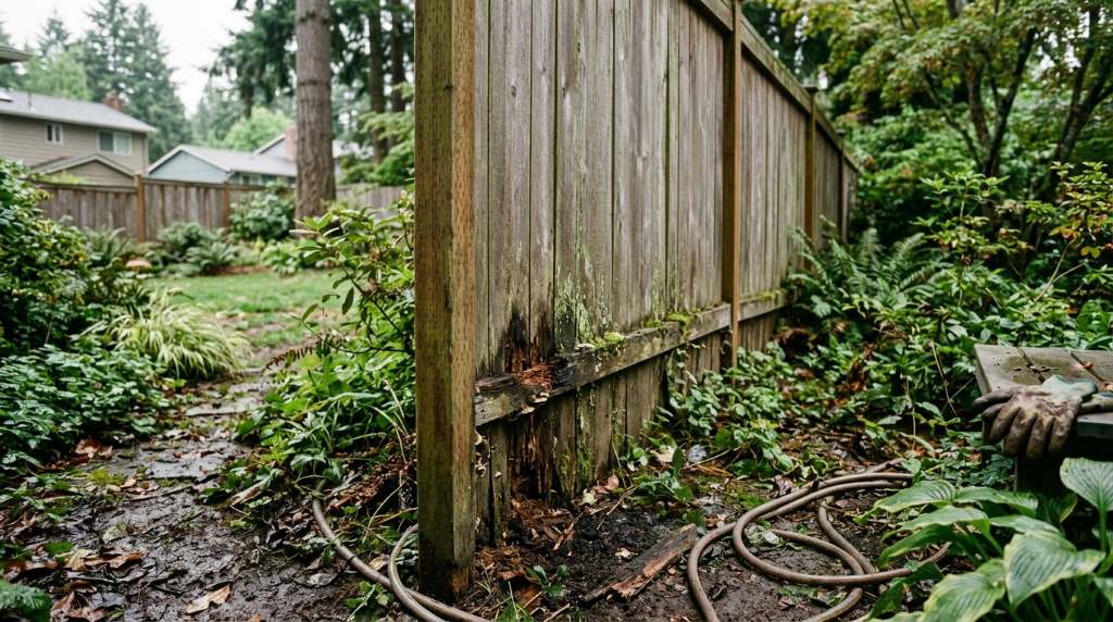 Homeowner inspecting wooden fence for early rot signs