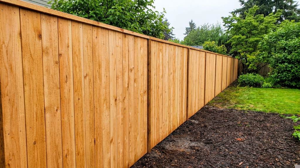 Rot damaged wooden yard divider after heavy rainfall