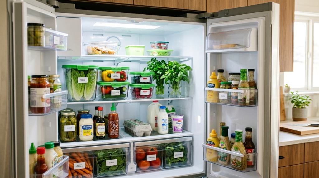 Labeled glass canisters filled with dry pantry staples standing on a wooden shelf.