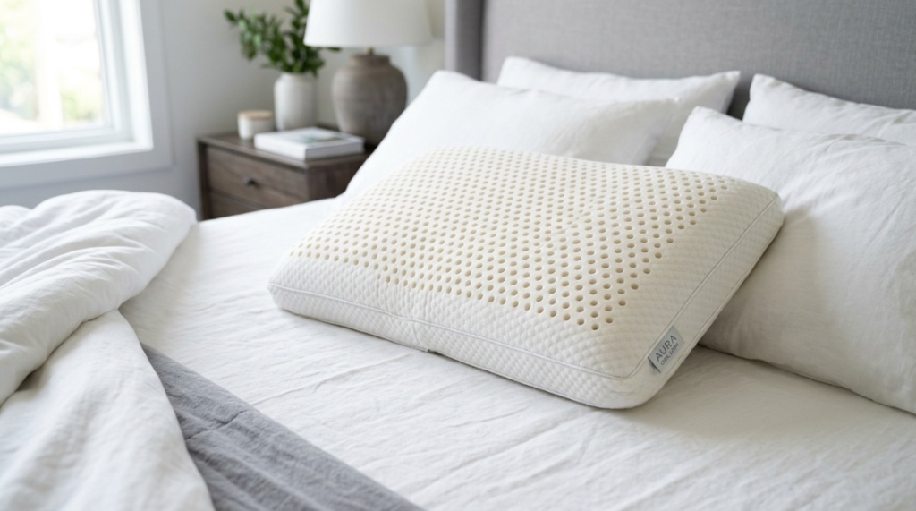 A crisp white cooling latex pillow arranged on a modern bed.
