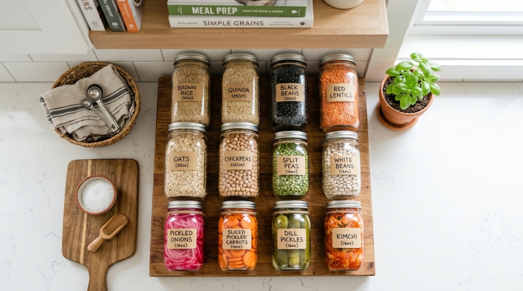 Clear glass jars filled with dry grains and pickled vegetables on a kitchen counter.