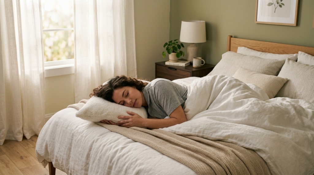 A relaxed man sleeping peacefully on his side in a sunlit bedroom.