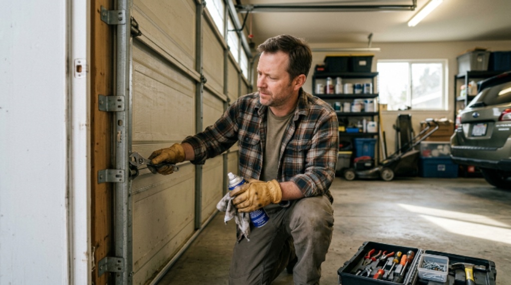 Homeowner inspecting a garage door while performing an affordable DIY repair