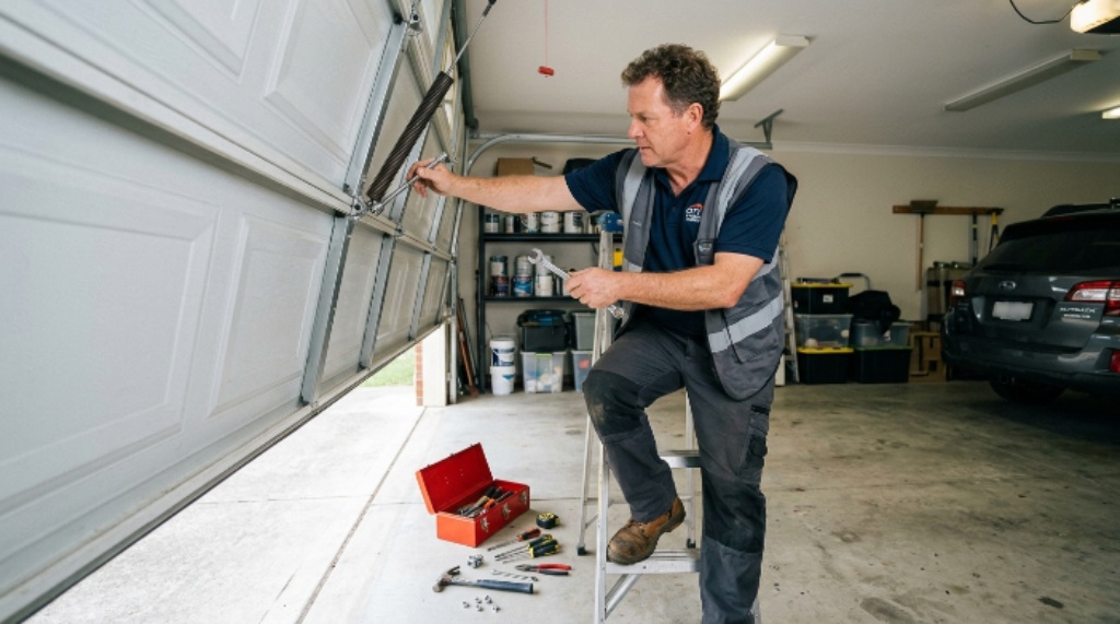 Professional technician repairing a residential garage door with essential tools