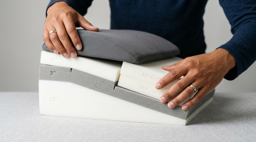 Two adjustable wedge pillows displayed side by side on a white bed.