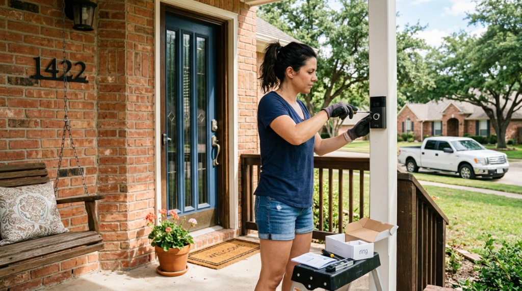 Homeowner installing Ring video doorbell on a sunny Texas porch.