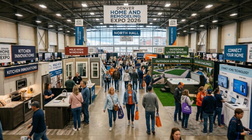 Visitors exploring home improvement booths at the Denver Home and Remodeling Expo 2026 inside the National Western Center North Hall