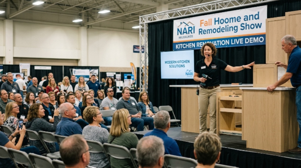 Live demonstration stage at the NARI Milwaukee Fall Home and Remodeling Show with an audience watching a kitchen renovation presentation