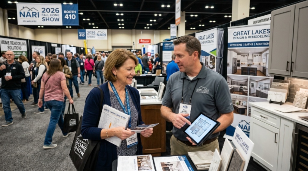 A homeowner speaking with a remodeling contractor at the 2026 Milwaukee NARI Fall Home Show