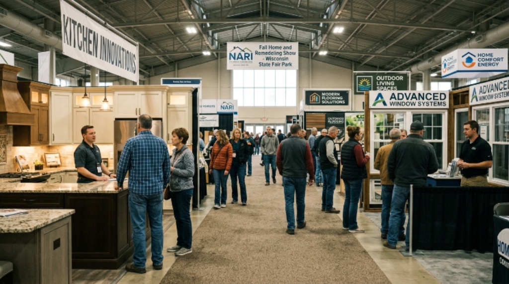 Visitors exploring exhibitor booths at the NARI Fall Home and Remodeling Show at Wisconsin State Fair Park in Milwaukee