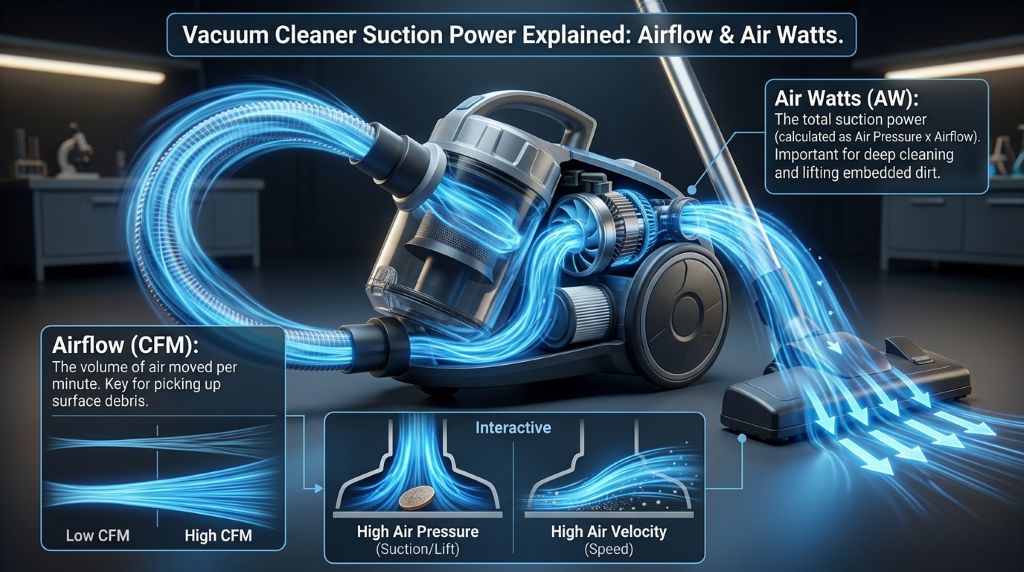 Air watts and airflow in vacuum cleaners