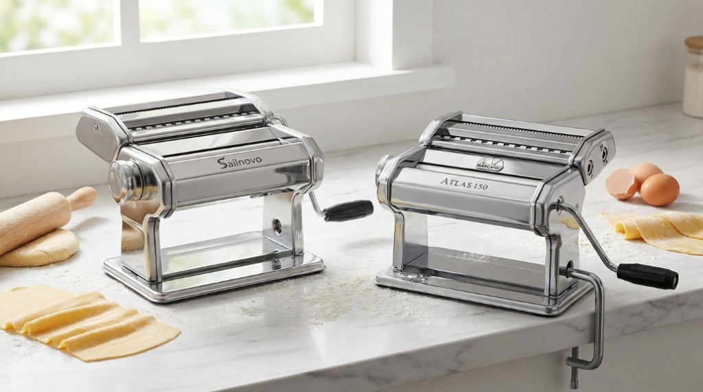 Hands feeding fresh pasta dough through machine cutting rollers