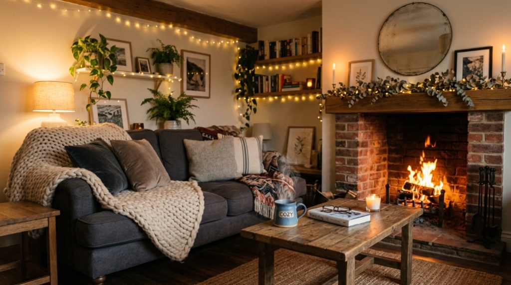 Warm living room with plush sofa, throw blankets, and soft ambient lighting.