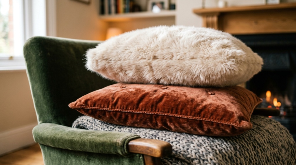 Close-up of a cozy armchair styled with layered knit blankets and cushions