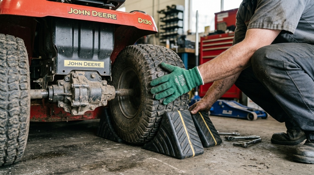 Hands placing wheel chocks tightly against mower tires